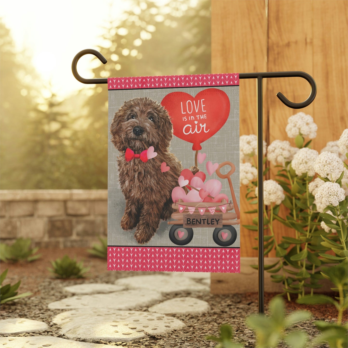 Personalized Brown Doodle - Labradoodle, Goldendoodle (BOY)Valentine Garden Flag, Doodle Mom Dad Gift, Double-sided Flag, Stand No