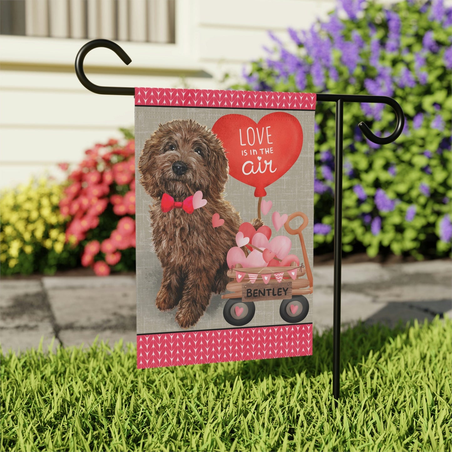 Personalized Brown Doodle - Labradoodle, Goldendoodle (BOY)Valentine Garden Flag, Doodle Mom Dad Gift, Double-sided Flag, Stand No