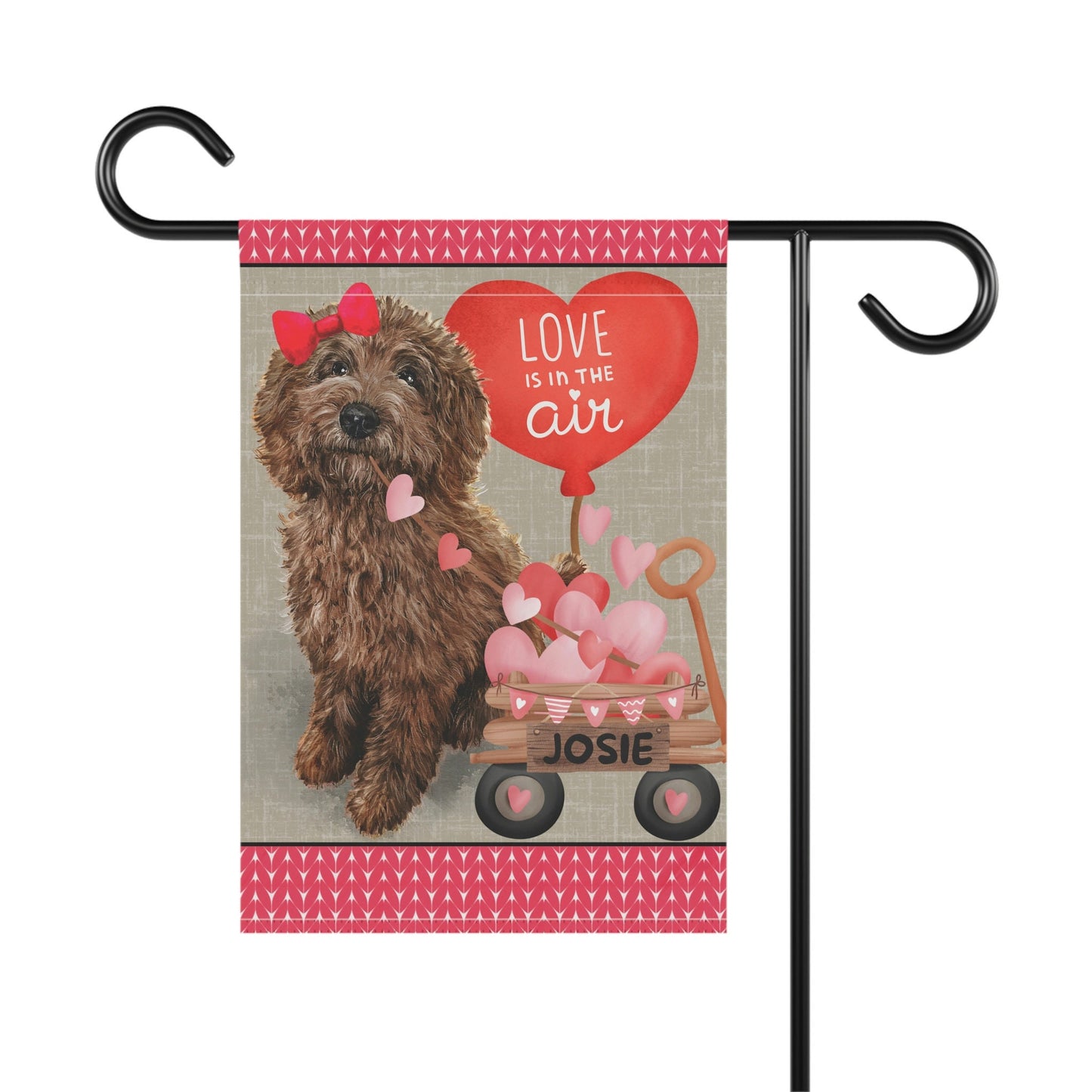 Personalized Brown Doodle - Labradoodle, Goldendoodle (GIRL)Valentine Garden Flag, Doodle Mom Dad Gift, Double-sided Flag, Stand N