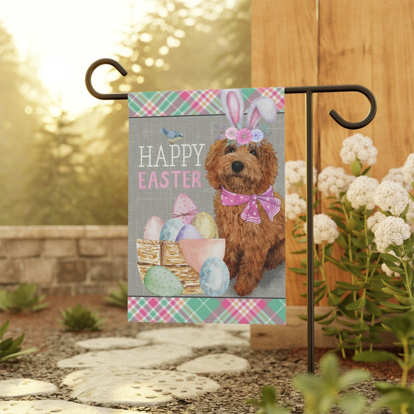 Red Apricot Doodle(GIRL) Easter Garden Flag (Double-side) - Doodle Mom & Dad Gift, Goldendoodle, Labradoodle, Etc. Stand Not Inclu