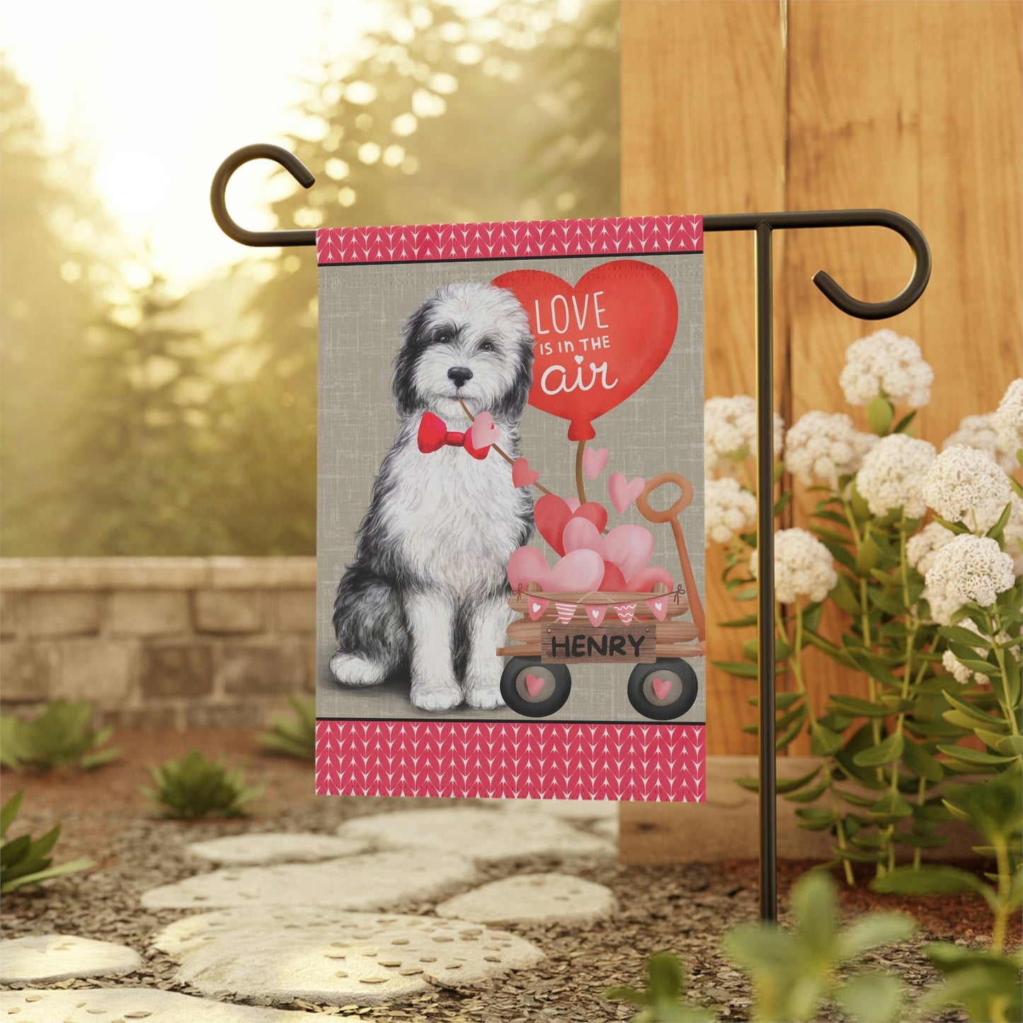 Personalized Sheepadoodle Dog (BOY)Valentine Garden Flag - Fun Gift for Doodle Moms & Dads, Double-sided Garden Flag, Stand Not In