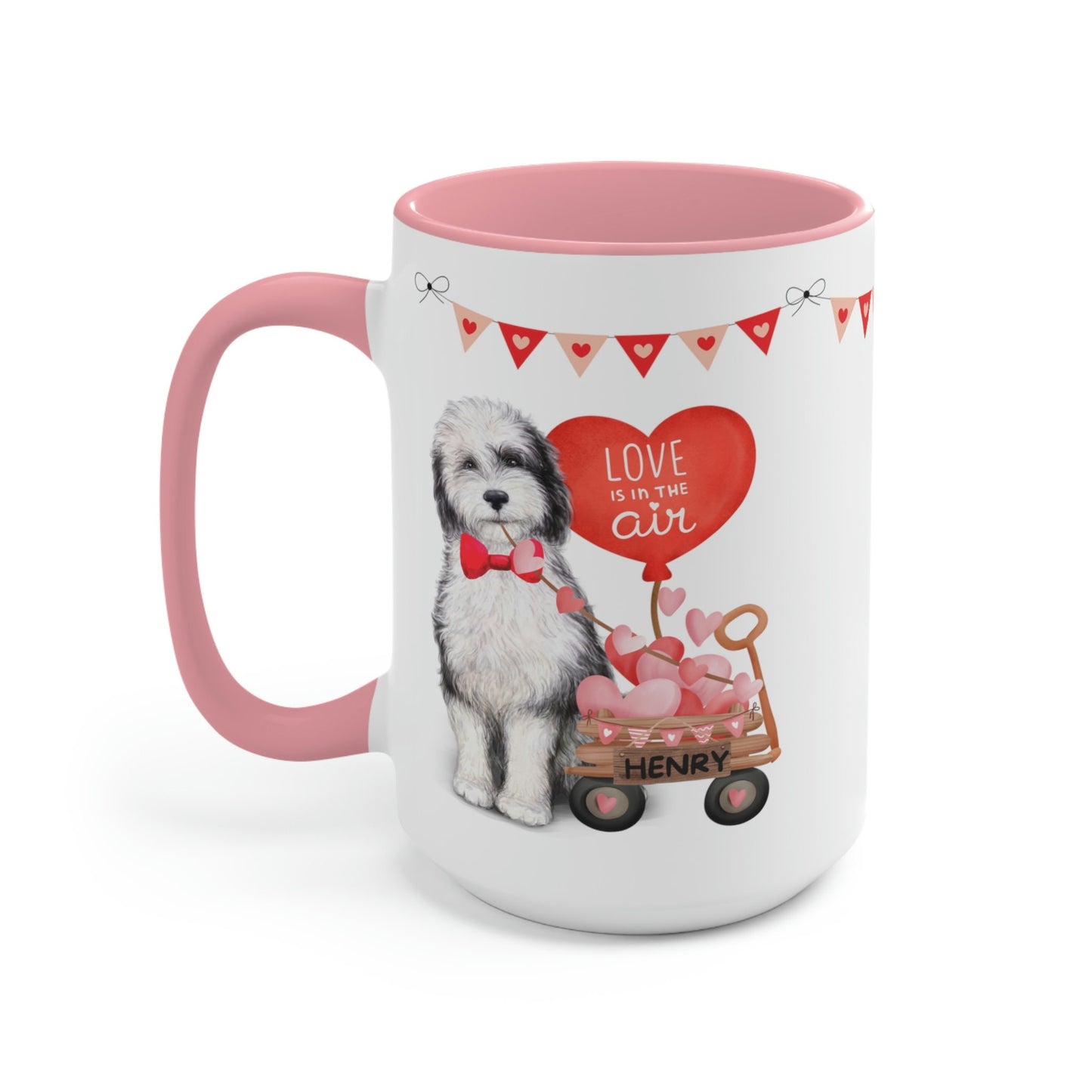 Personalized Sheepadoodle Dog (boy) Valentine's Day Mug - 15 Oz Two-Tone Coffee Mugs, Perfect Gift Idea for Doodle Mom