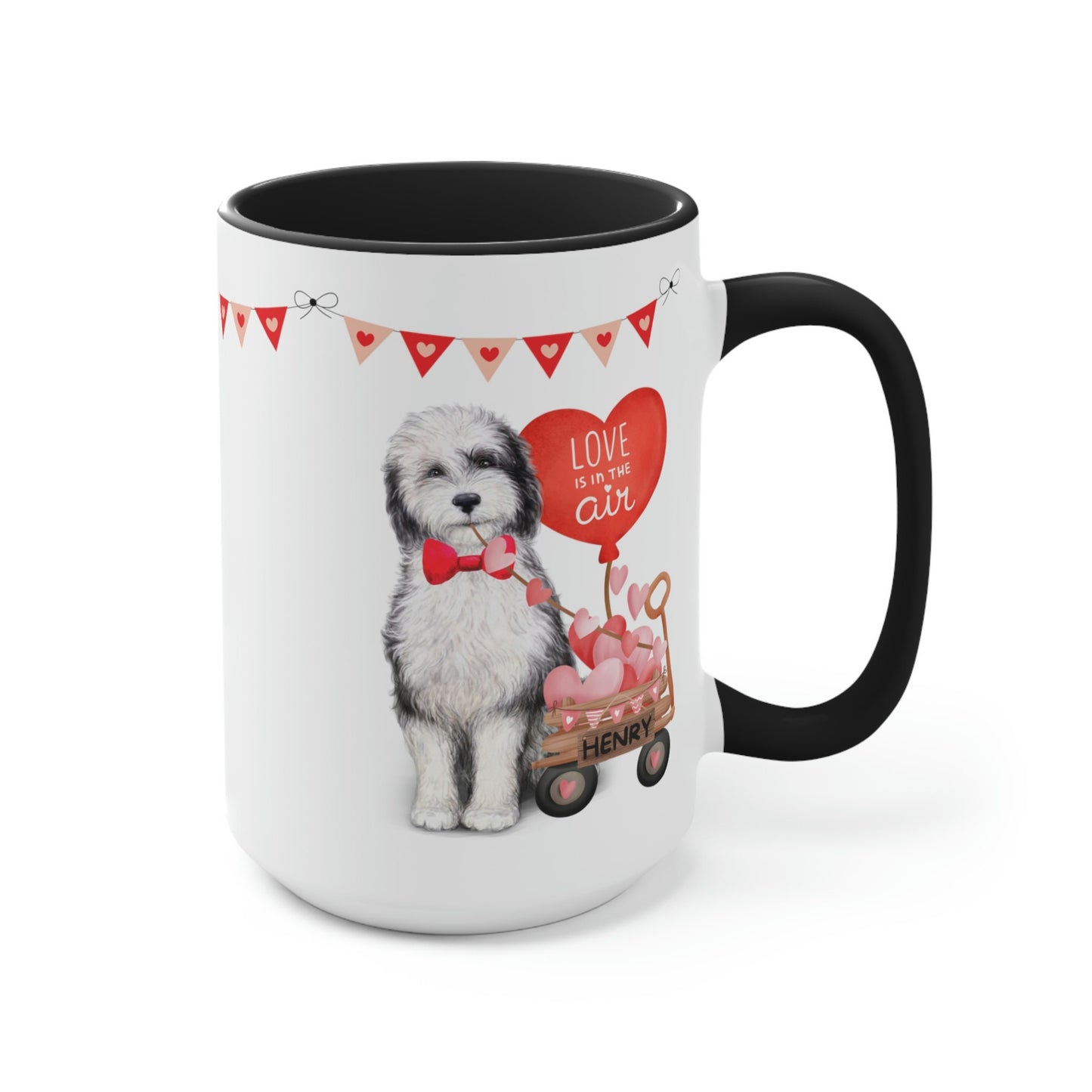 Personalized Sheepadoodle Dog (boy) Valentine's Day Mug - 15 Oz Two-Tone Coffee Mugs, Perfect Gift Idea for Doodle Mom