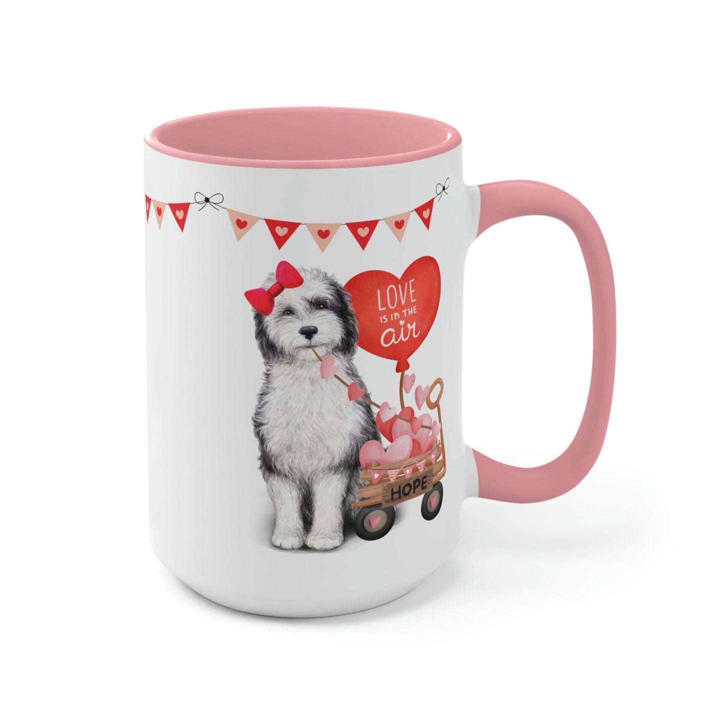 Personalized Sheepadoodle Dog (girl) Valentine's Day Mug - 15 Oz Two-Tone Coffee Mugs, Perfect Gift Idea for Doodle Mom