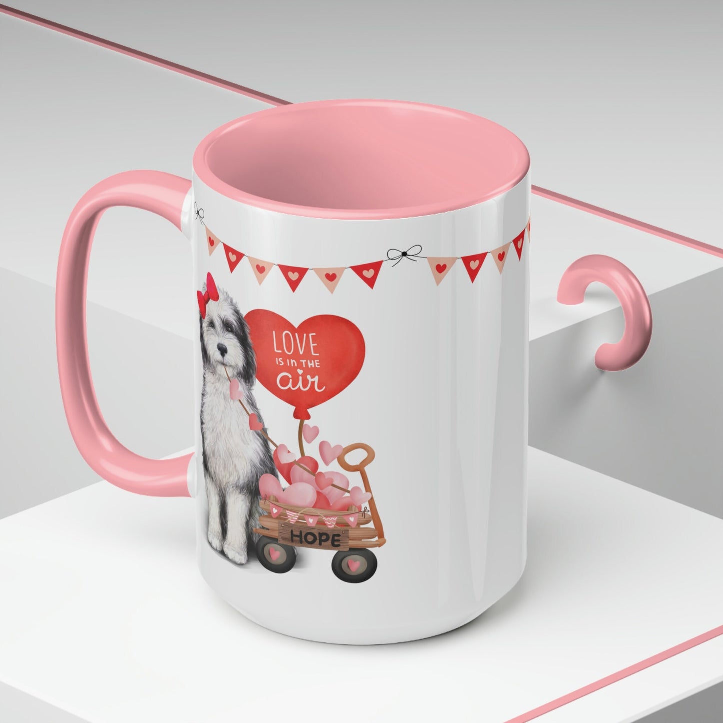 Personalized Sheepadoodle Dog (girl) Valentine's Day Mug - 15 Oz Two-Tone Coffee Mugs, Perfect Gift Idea for Doodle Mom