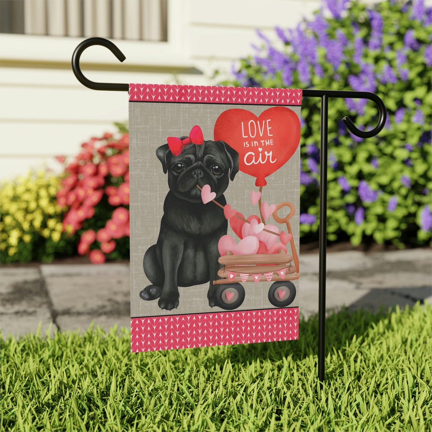 Personalized Black Pug Dog (GIRL)Valentine Garden Flag - Fun Gift for Pug Moms & Dads, Double-sided Garden Flag, Stand Not Include