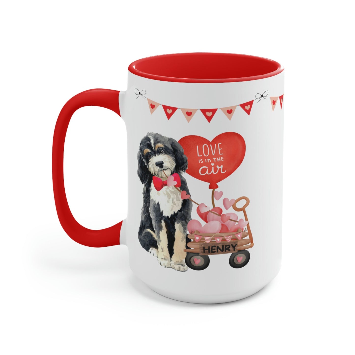 Personalized Bernedoodle Dog (boy) Valentine's Day Mug - 15 Oz Two-Tone Coffee Mugs, Perfect Gift Idea for Doodle Mom