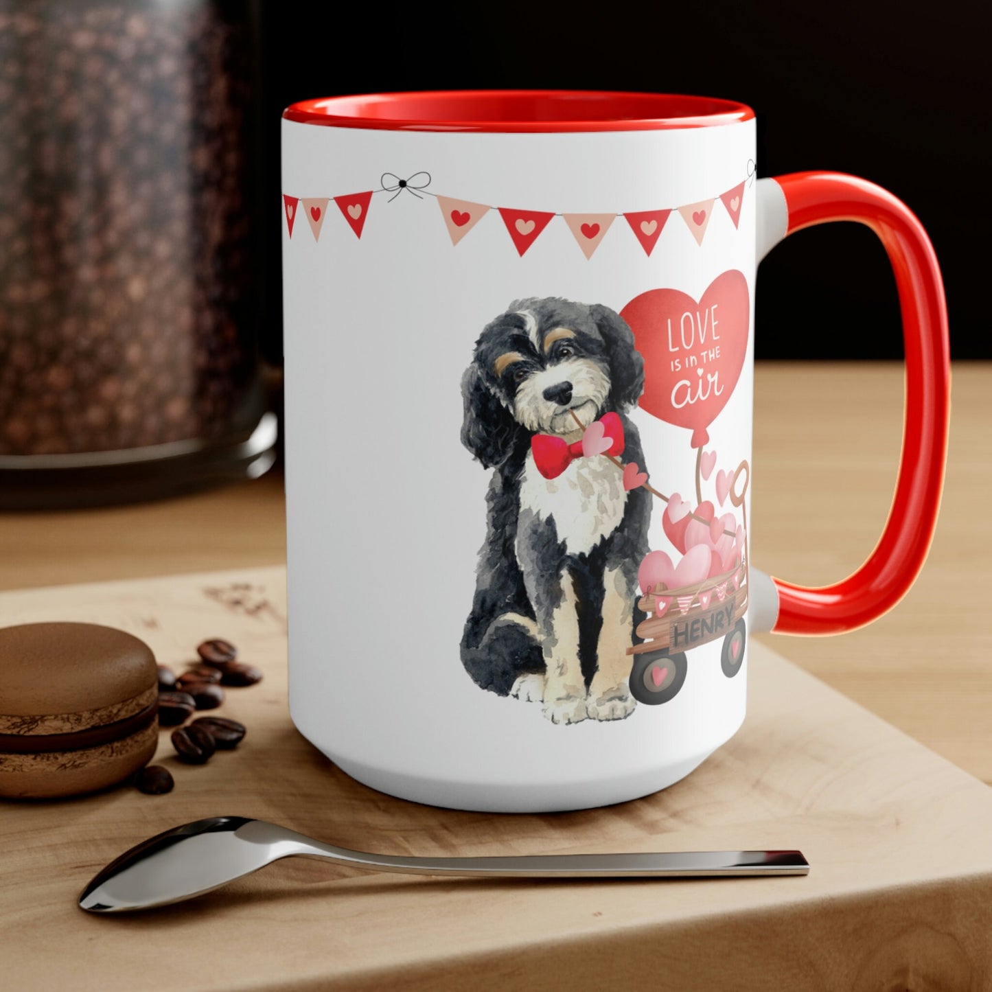 Personalized Bernedoodle Dog (boy) Valentine's Day Mug - 15 Oz Two-Tone Coffee Mugs, Perfect Gift Idea for Doodle Mom