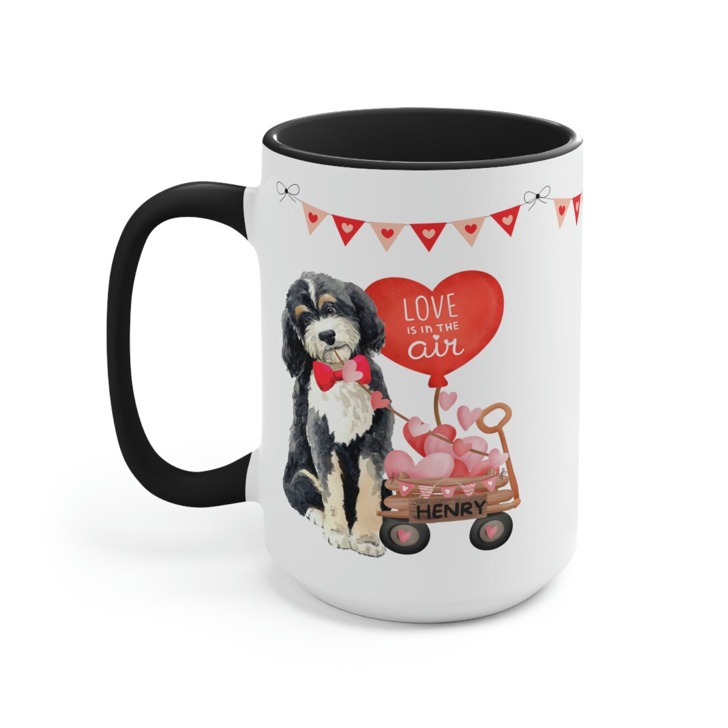 Personalized Bernedoodle Dog (boy) Valentine's Day Mug - 15 Oz Two-Tone Coffee Mugs, Perfect Gift Idea for Doodle Mom