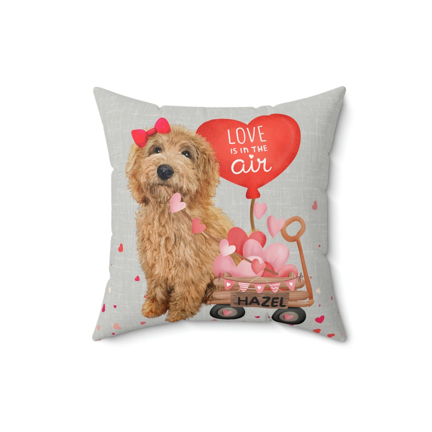 Personalized Medium Tan Doodle Dog (GIRL)Valentine's Day Pillow ,Valentine Gift for Doodle Dog Mom - Goldendoodle, Labradodle,Cock