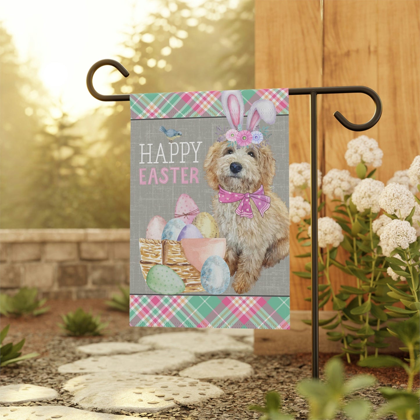 Blonde Doodle(GIRL) Easter Garden Flag - Goldendoodle, Labradoodle, Etc.  Mom & Dad, Double-sided Garden Flag, Stand Not Included