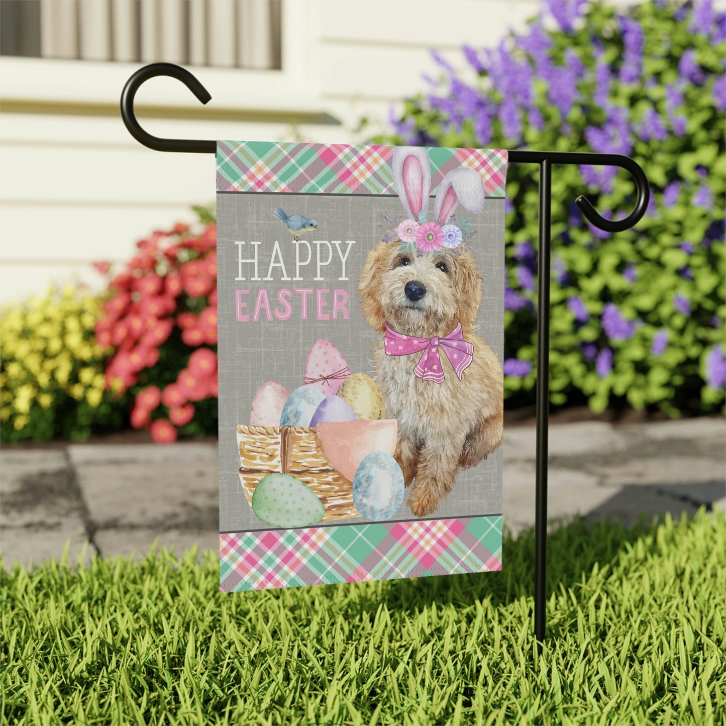 Blonde Doodle(GIRL) Easter Garden Flag - Goldendoodle, Labradoodle, Etc.  Mom & Dad, Double-sided Garden Flag, Stand Not Included