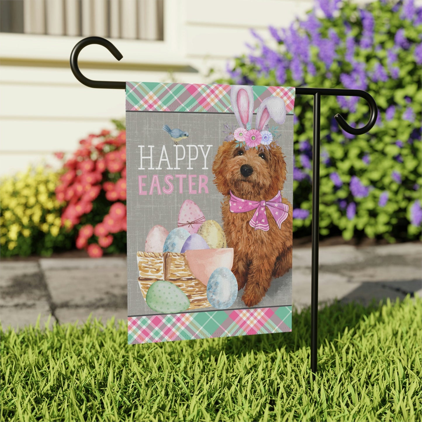 Red Apricot Doodle(GIRL) Easter Garden Flag (Double-side) - Doodle Mom & Dad Gift, Goldendoodle, Labradoodle, Etc. Stand Not Inclu