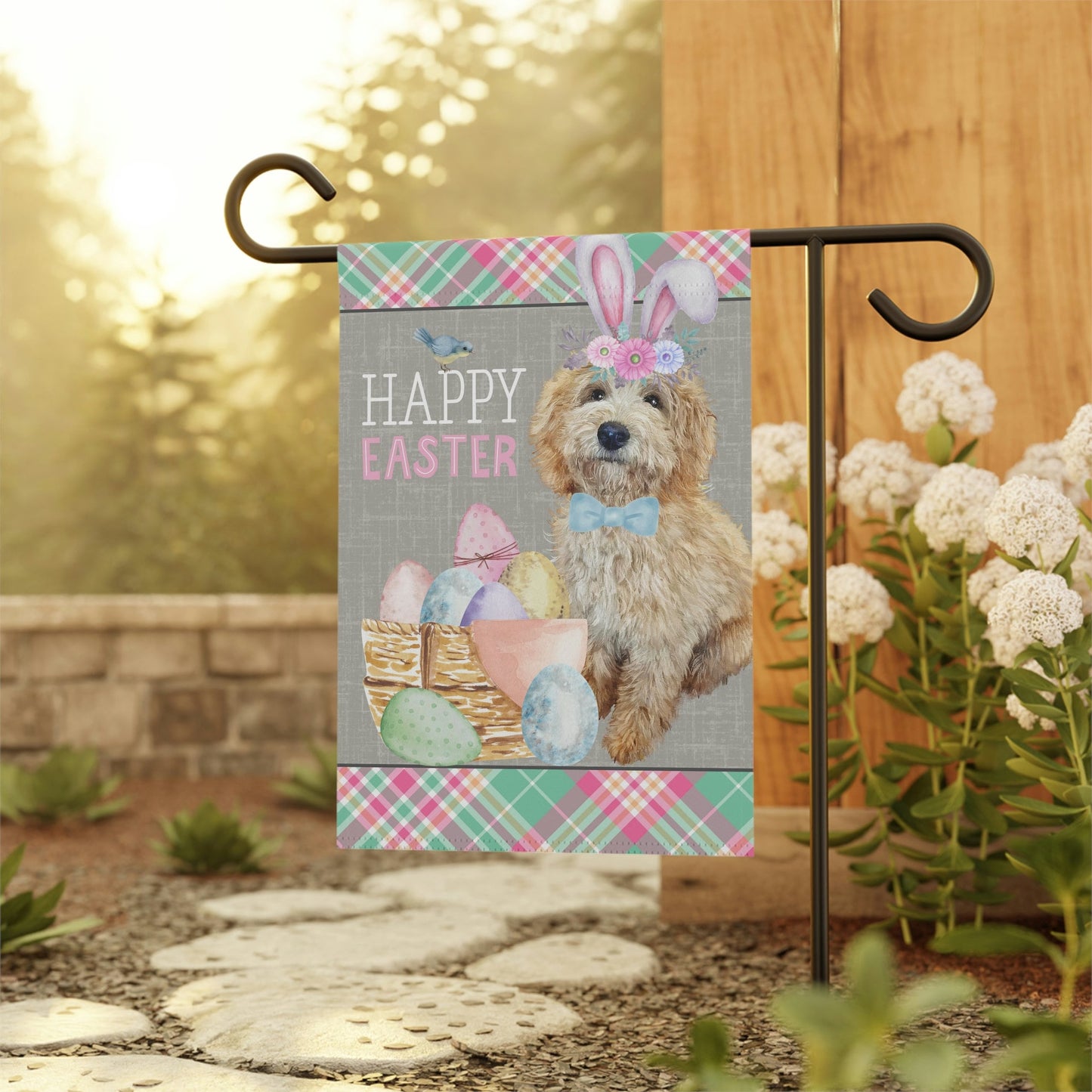 Blonde Doodle(BOY) Easter Garden Flag - Goldendoodle, Labradoodle, Etc.  Mom & Dad, Double-sided Garden Flag, Stand Not Included