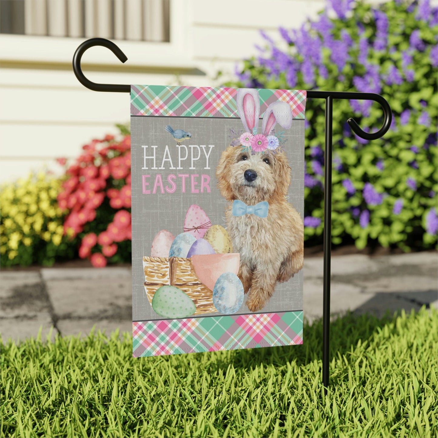 Blonde Doodle(BOY) Easter Garden Flag - Goldendoodle, Labradoodle, Etc.  Mom & Dad, Double-sided Garden Flag, Stand Not Included