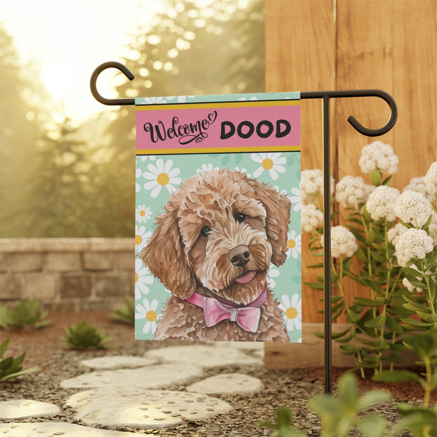 Doodle - Goldedoodle, Labradoodle Spring Summer  Garden Flag, Medium Blonde Tan Doodle, Double-sided Flag, Stand Not Included