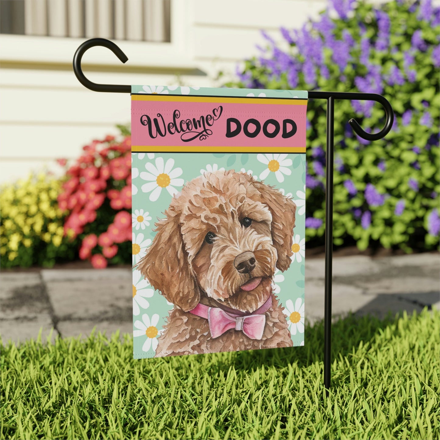 Doodle - Goldedoodle, Labradoodle Spring Summer  Garden Flag, Medium Blonde Tan Doodle, Double-sided Flag, Stand Not Included