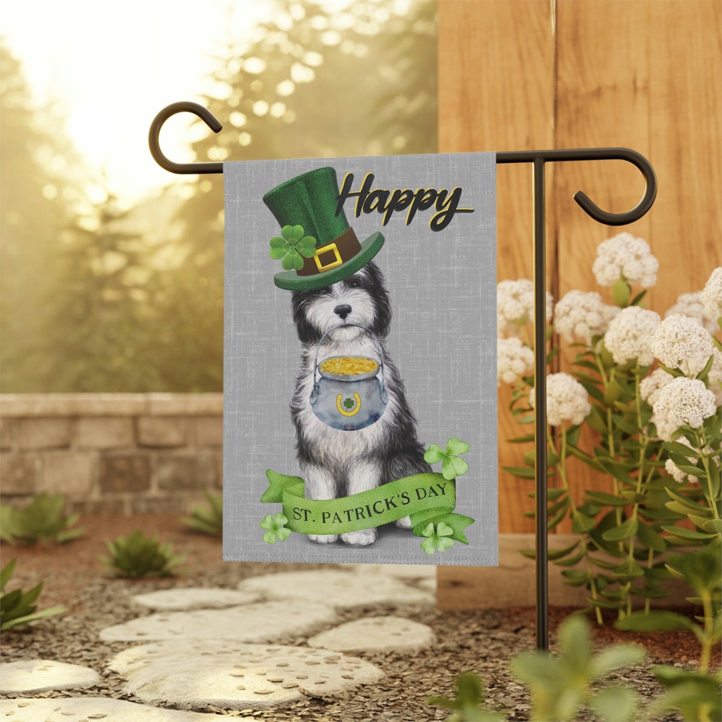 St. Patrick's Day Outdoor Garden/ House Flag - Sheepadoodle Dog, Doodle Mom Gift, Goldedoodle, Labradoodle, Bernedoodle, Stand Not