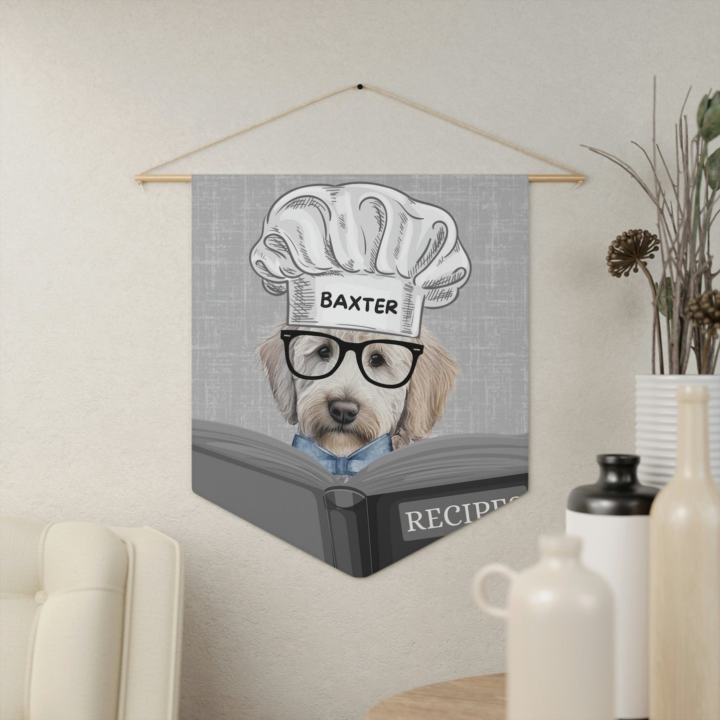 Personalized Doodle Dog Kitchen Art Wall Decor - Custom Kitchen Wall Art, Goldendoodle, Labradoodle, Chef Doodle (boy) White Backg