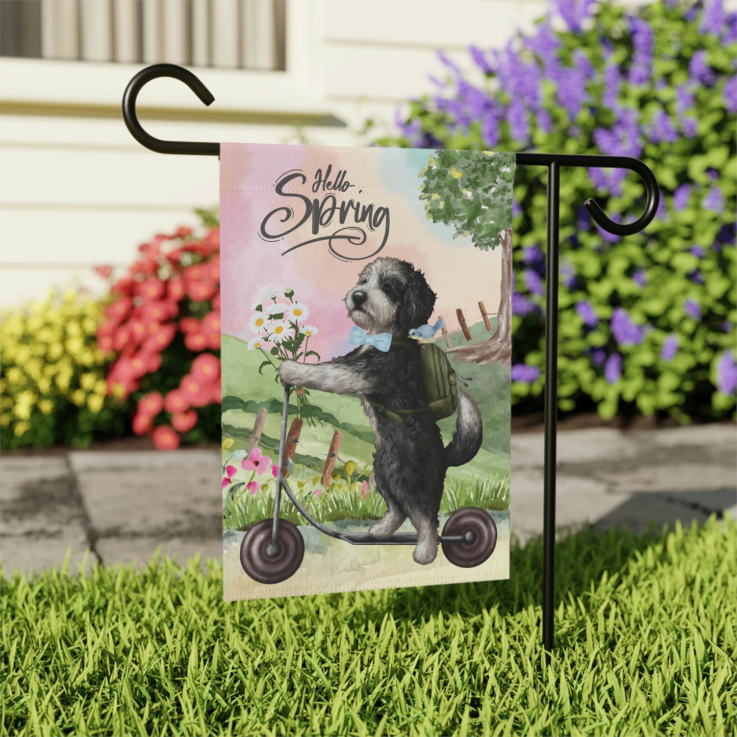 Sheepadoodle Dog Spring Garden Flag - Fun Gift for Doodle Moms & Dads, Sheepadoodle, Bernedoodle (boy) Stand Not Included