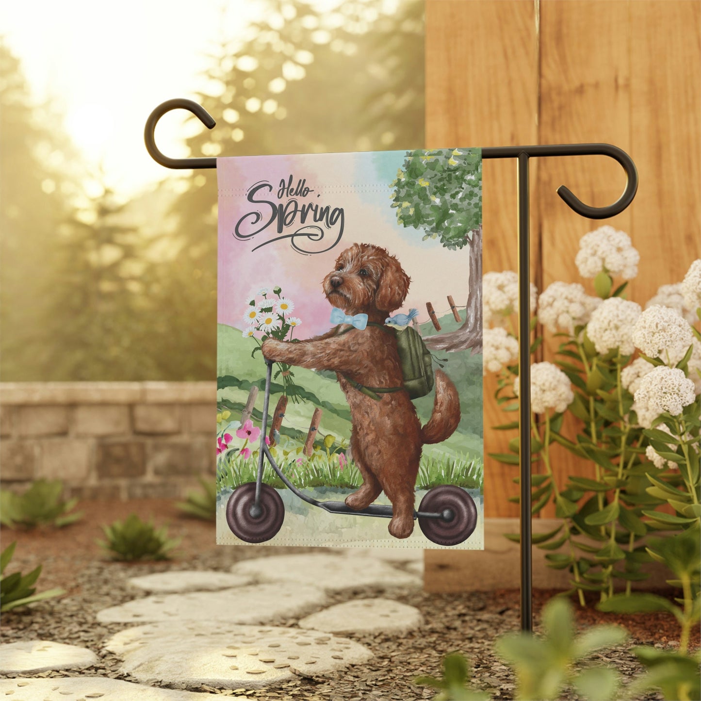 Apricot Red Doodle Dog Spring Garden Flag - Fun Gift for Doodle Moms & Dads, Labradoodle, Goldendoodle (boy) Stand Not Included