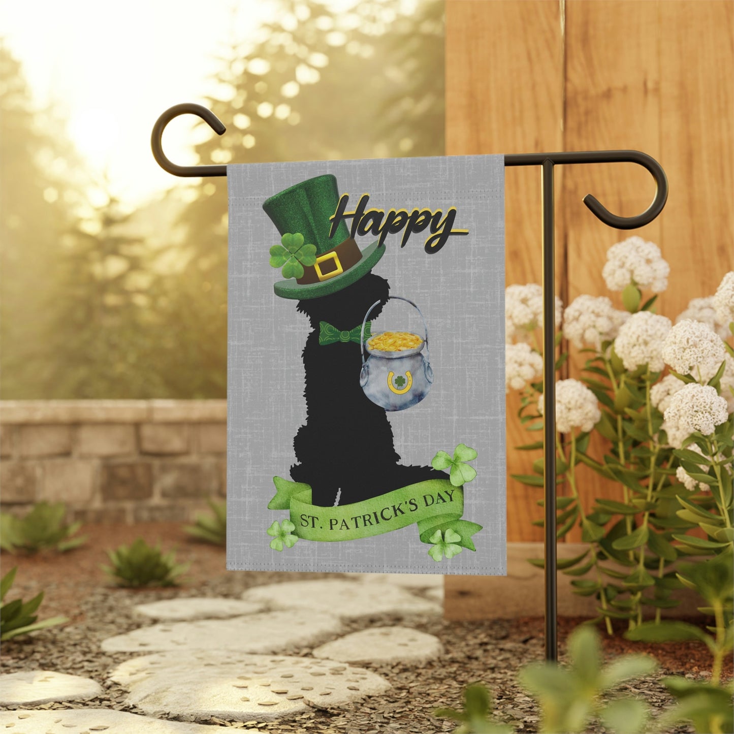 Doodle Dog St. Patrick's Day Flag - Doodle Mom Gift, Silhouette Goldedoodle, Labradoodle, Sheepadoodle, Aussiedoodle Etc., Stand N