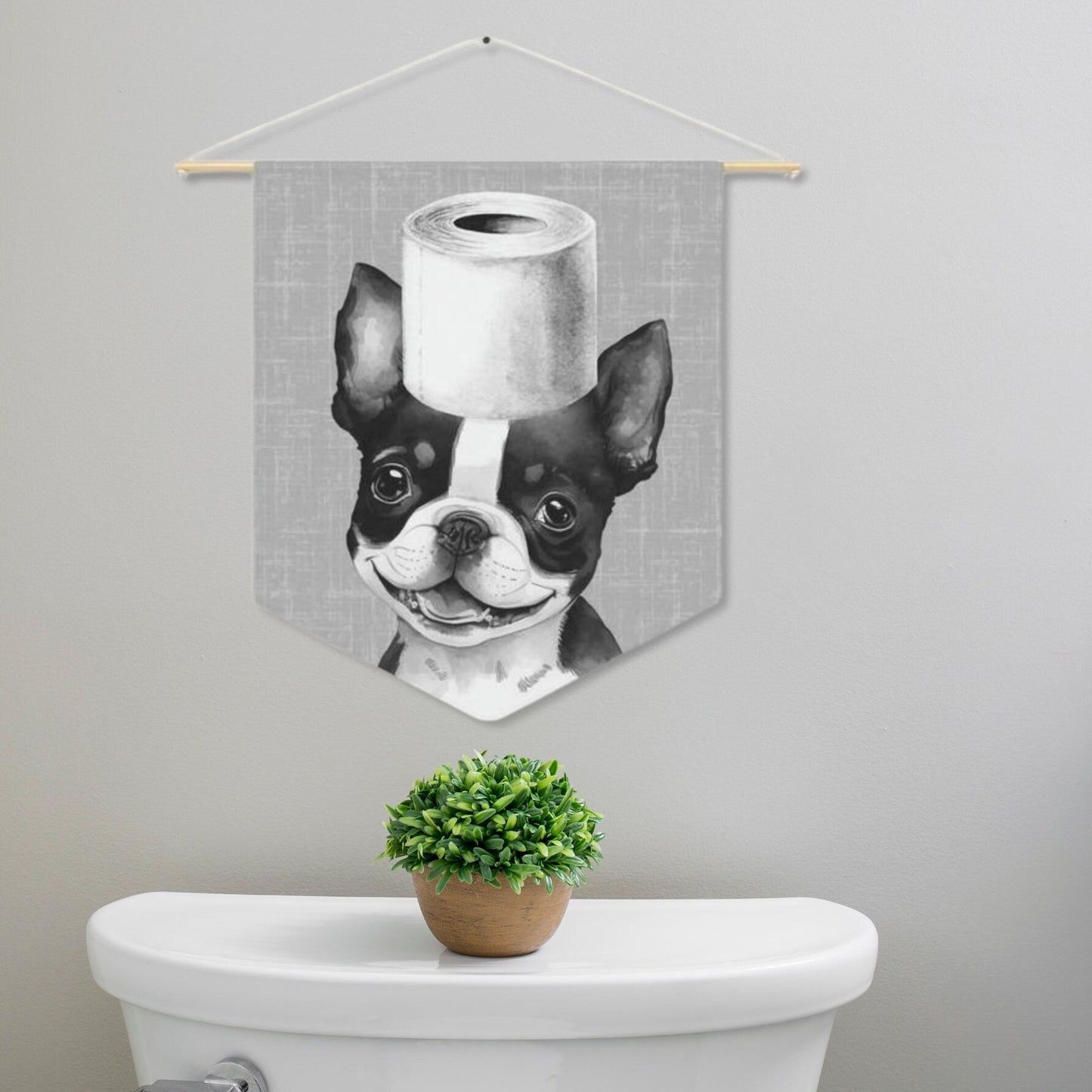 Bathroom Art Decor - Boston Terrier Dog Art Print, Toilet Humor, Funny Kids Bathroom Decor, Dog Bathroom Wall Hanging, Gray Backgr