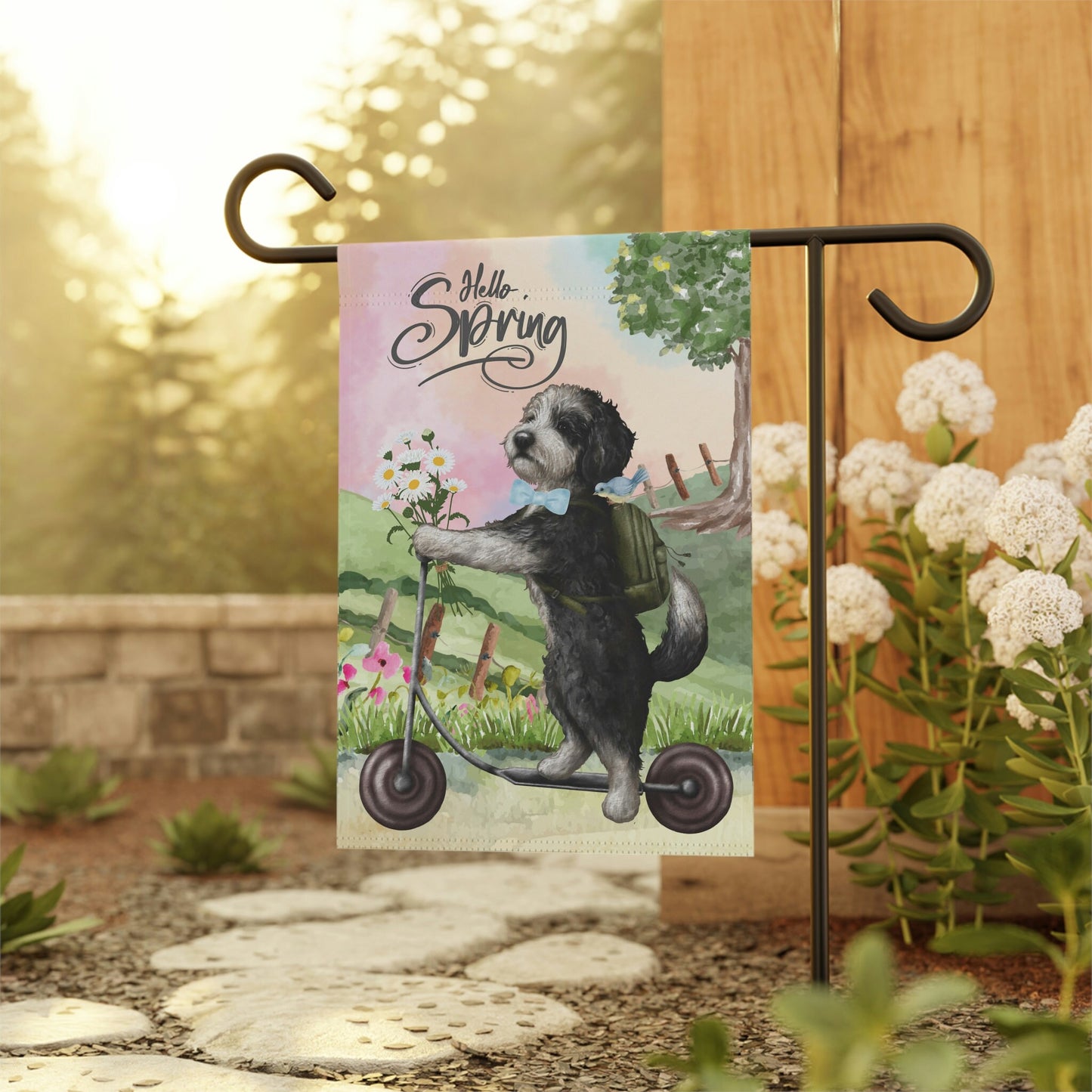 Sheepadoodle Dog Spring Garden Flag - Fun Gift for Doodle Moms & Dads, Sheepadoodle, Bernedoodle (boy) Stand Not Included