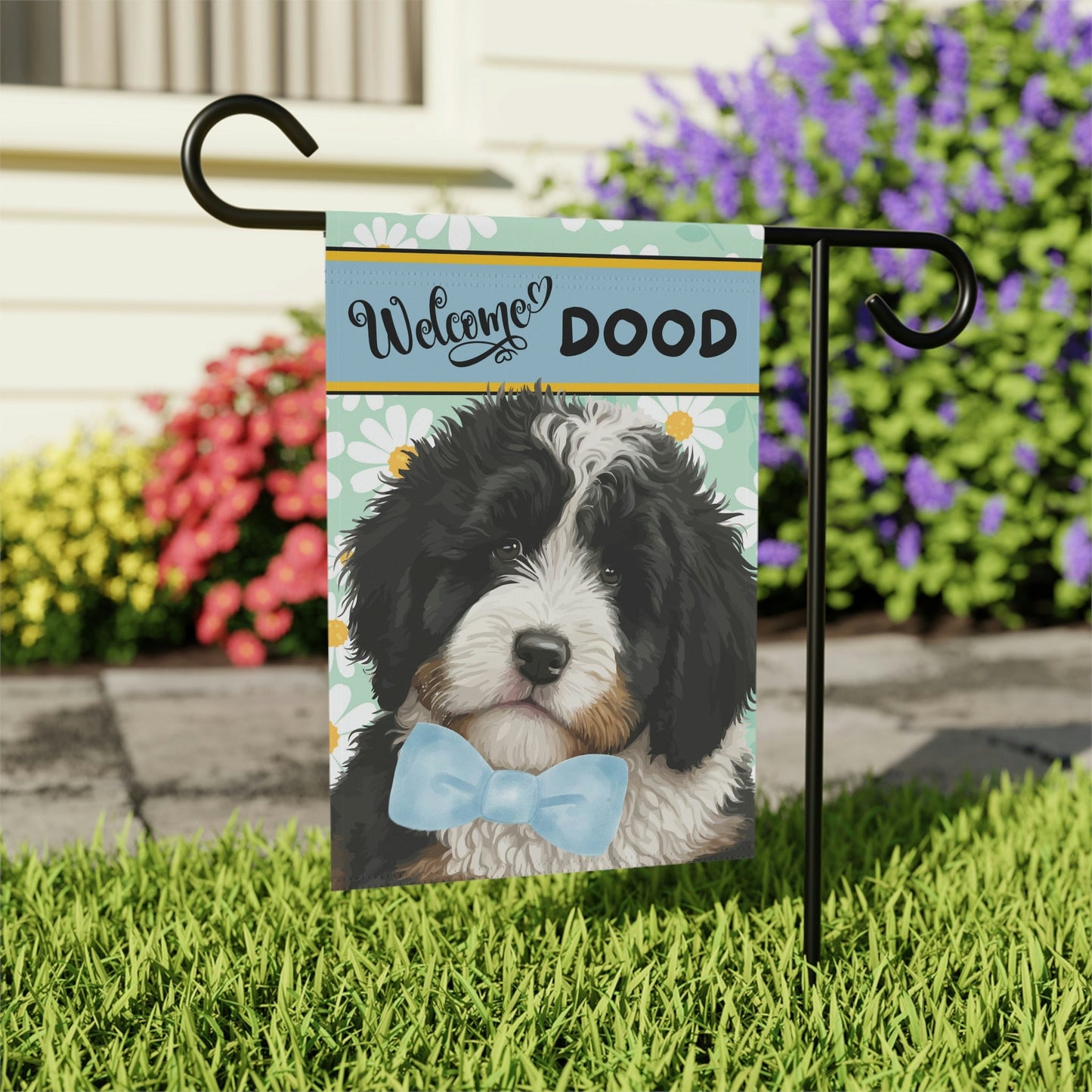 Bernedoodle - Sheepadoodle Spring Summer  Garden Flag, Gift for Doodle Mom & Dad, Doodle Dog (boy), Stand Not Included