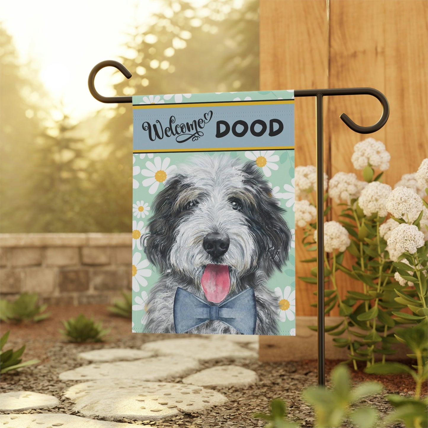 Sheepadoodle Spring Summer Garden Flag - Gift for Doodle Dog Mom & Dad, Doodle Dog (boy), Stand Not Included