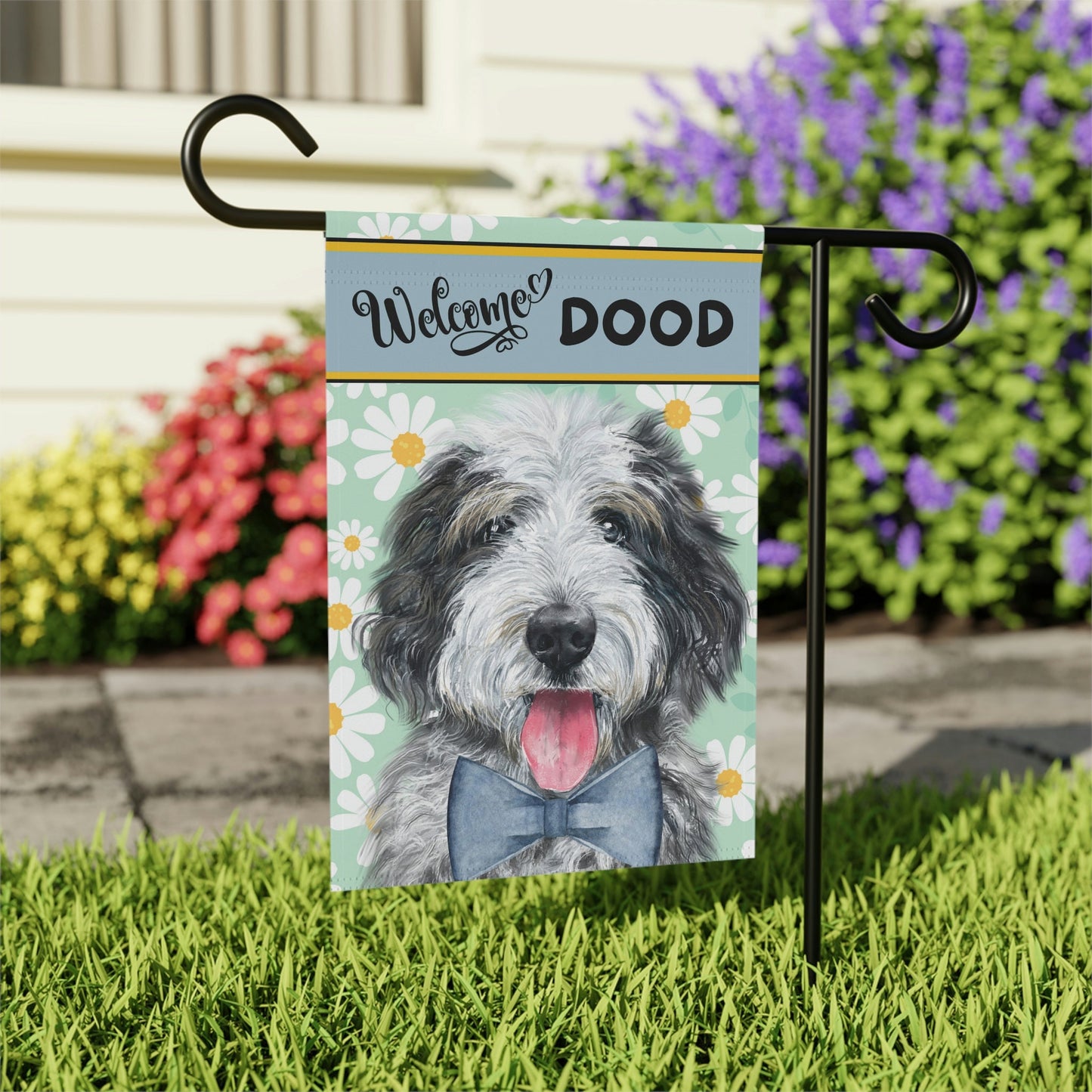 Sheepadoodle Spring Summer Garden Flag - Gift for Doodle Dog Mom & Dad, Doodle Dog (boy), Stand Not Included