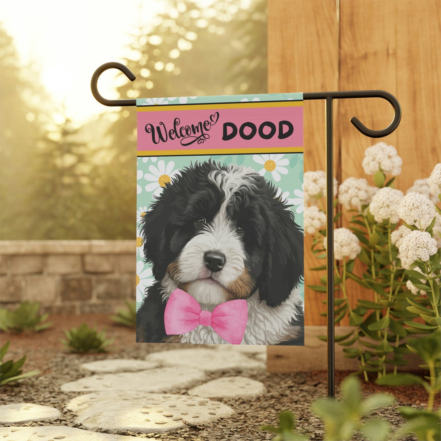 Spring Summer Dog Garden Flag - Bernedoodle, Sheepadoodle, Gift for Doodle Mom & Dad, Doodle Dog (Girl), Stand Not Included