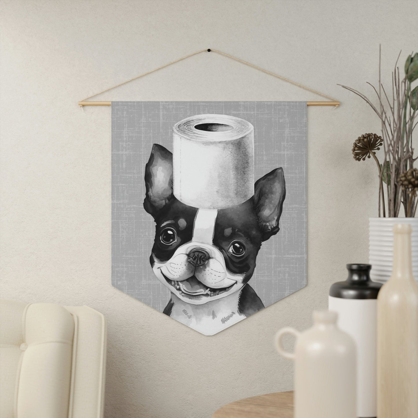 Bathroom Art Decor - Boston Terrier Dog Art Print, Toilet Humor, Funny Kids Bathroom Decor, Dog Bathroom Wall Hanging, Gray Backgr