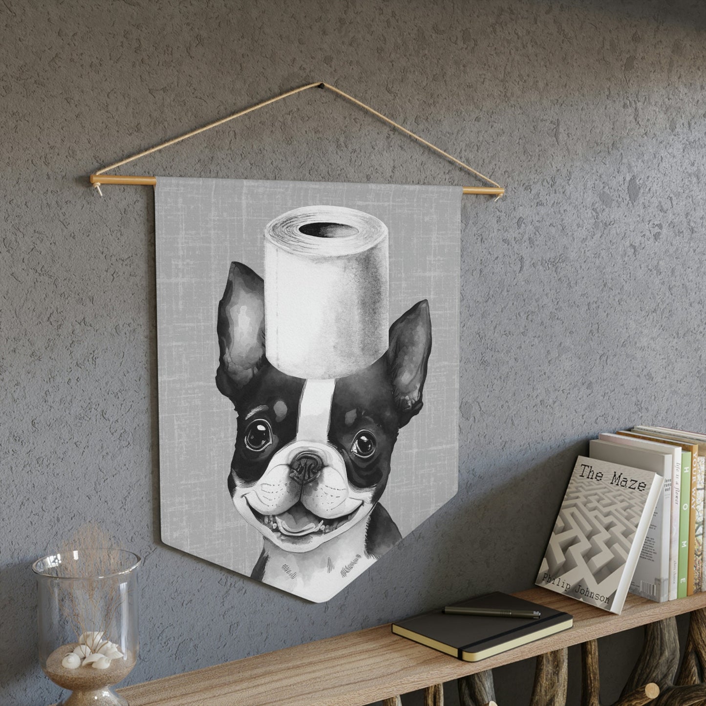 Bathroom Art Decor - Boston Terrier Dog Art Print, Toilet Humor, Funny Kids Bathroom Decor, Dog Bathroom Wall Hanging, Gray Backgr