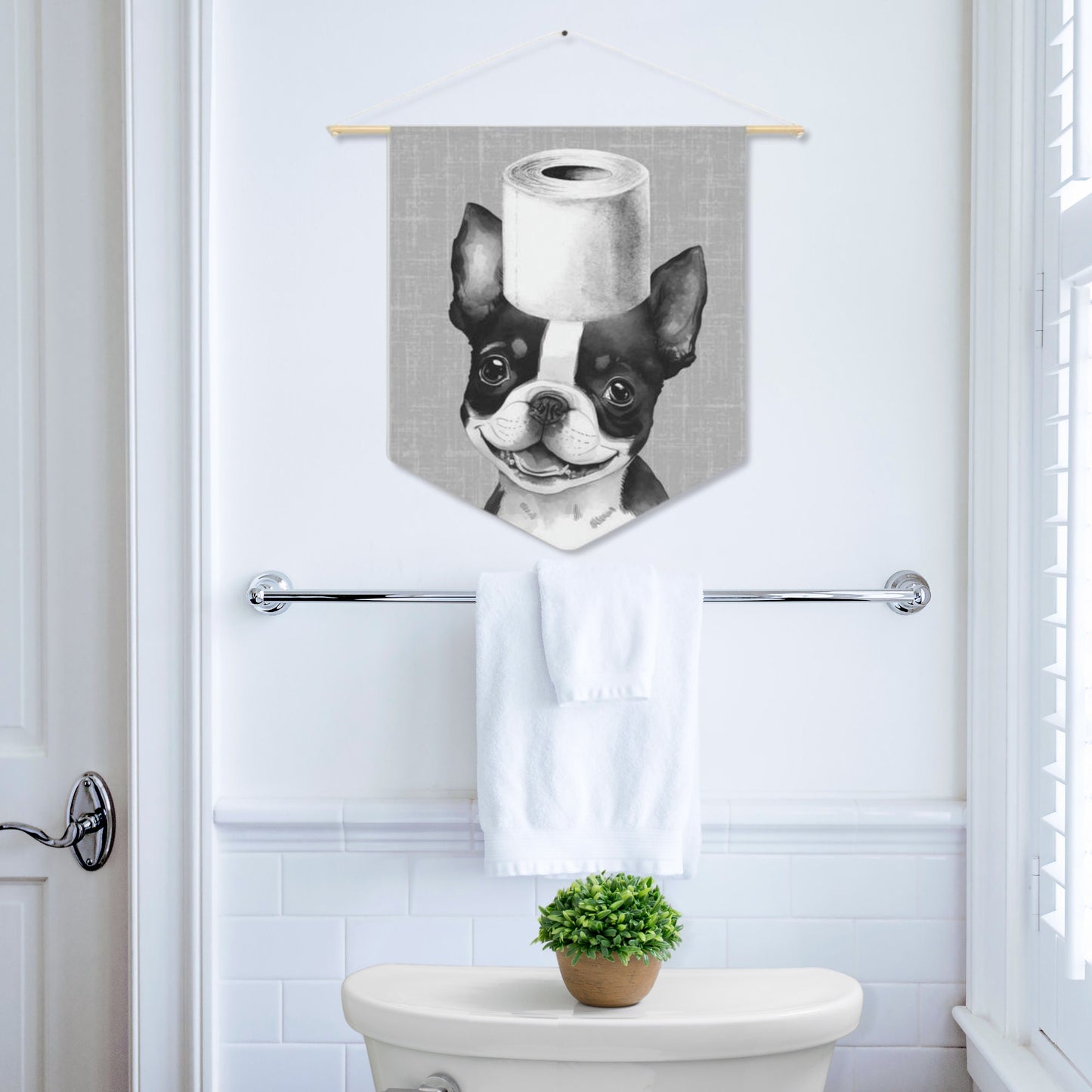 Bathroom Art Decor - Boston Terrier Dog Art Print, Toilet Humor, Funny Kids Bathroom Decor, Dog Bathroom Wall Hanging, Gray Backgr