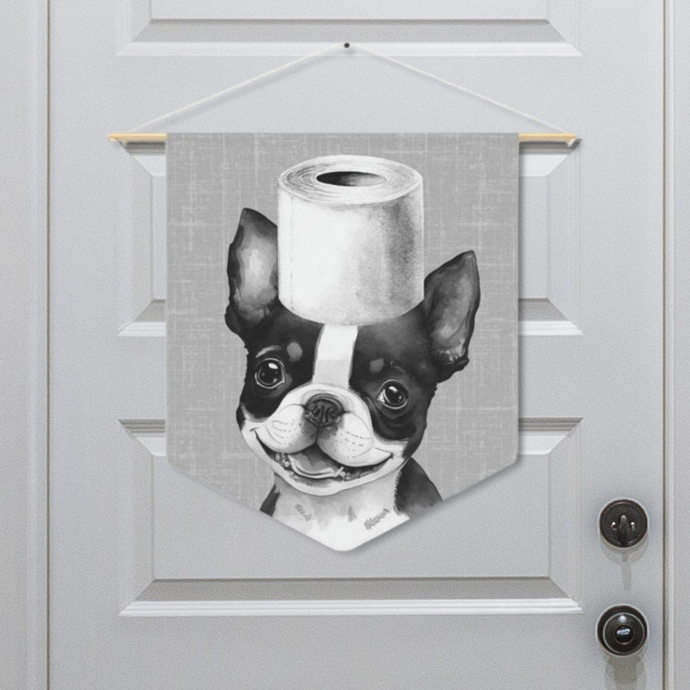 Bathroom Art Decor - Boston Terrier Dog Art Print, Toilet Humor, Funny Kids Bathroom Decor, Dog Bathroom Wall Hanging, Gray Backgr