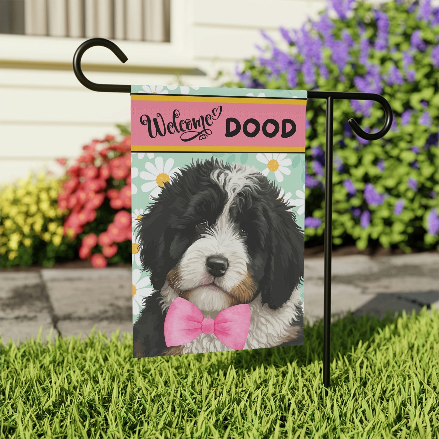 Spring Summer Dog Garden Flag - Bernedoodle, Sheepadoodle, Gift for Doodle Mom & Dad, Doodle Dog (Girl), Stand Not Included