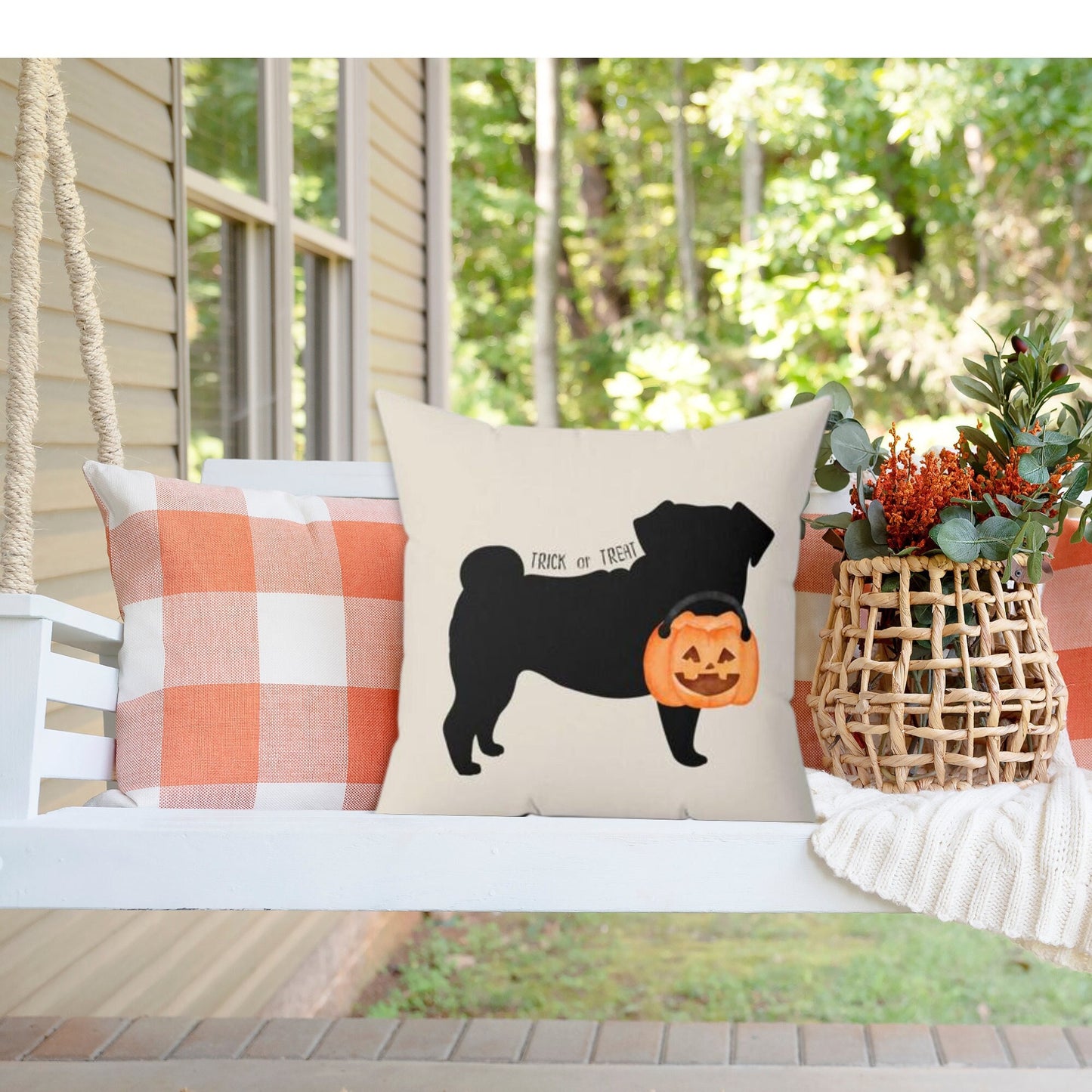 Pug Dog Halloween Pillow - Pug Silhouette, Pug Mom or Dad Gift, Pug Halloween and Fall Home Decor