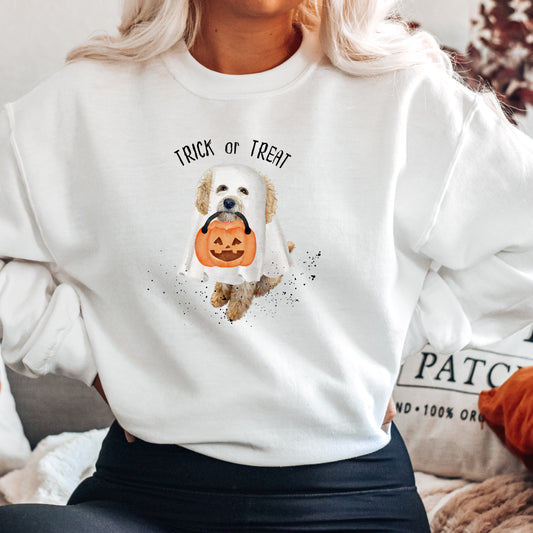 Halloween Doodle Dog Ghost Sweatshirt - Trick or Treat Doodle Sweatshirt, Doodle Mom Halloween Gift, Cavapoo Halloween, Labr