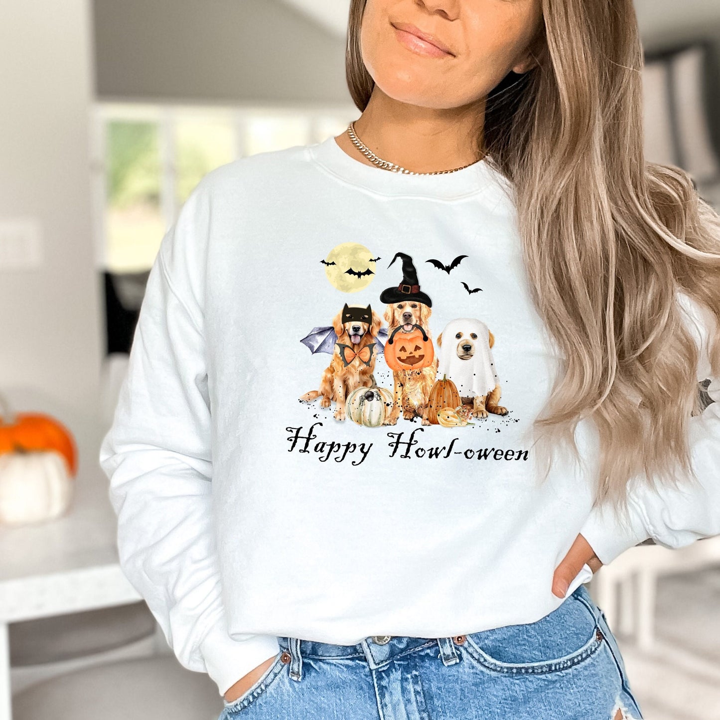 Golden Retriever Dog Halloween Sweatshirt - Fun Retriever Mom Halloween Shirt, Spooky Golden Retriever in Ghost, Witch and Bat Cos