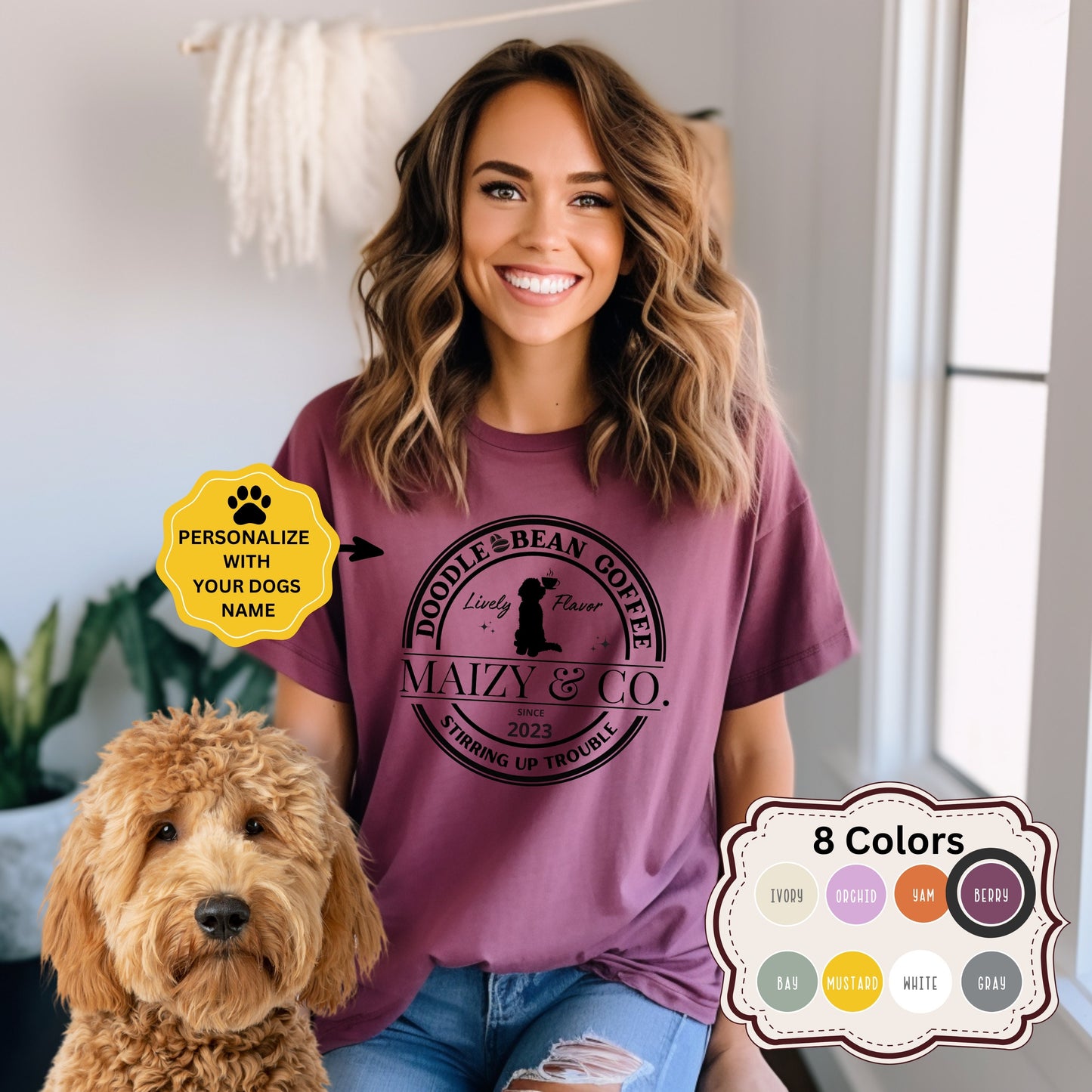 Personalized Comfort Colors® Doodle Bean Coffee  T-shirt - Cute Doodle Dog Mom Fall Shirt, Dog and Coffee Lover Unisex T-shirt