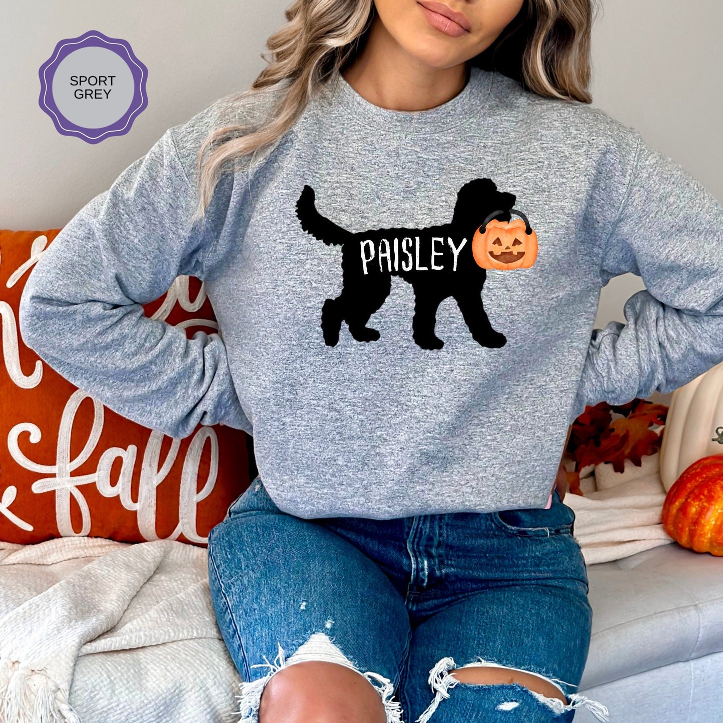 Personalized Doodle Dog Halloween Pumpkin Sweatshirt - Doodle Dog Mom Gift, Goldendoodle, Labradoodle, Bernedoodle, Etc.