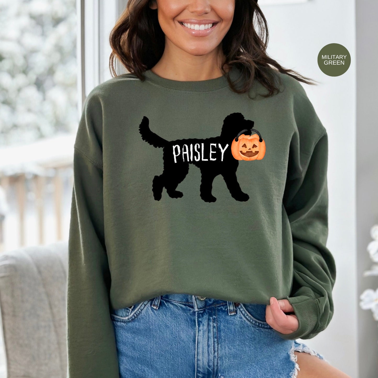 Personalized Doodle Dog Halloween Pumpkin Sweatshirt - Doodle Dog Mom Gift, Goldendoodle, Labradoodle, Bernedoodle, Etc.