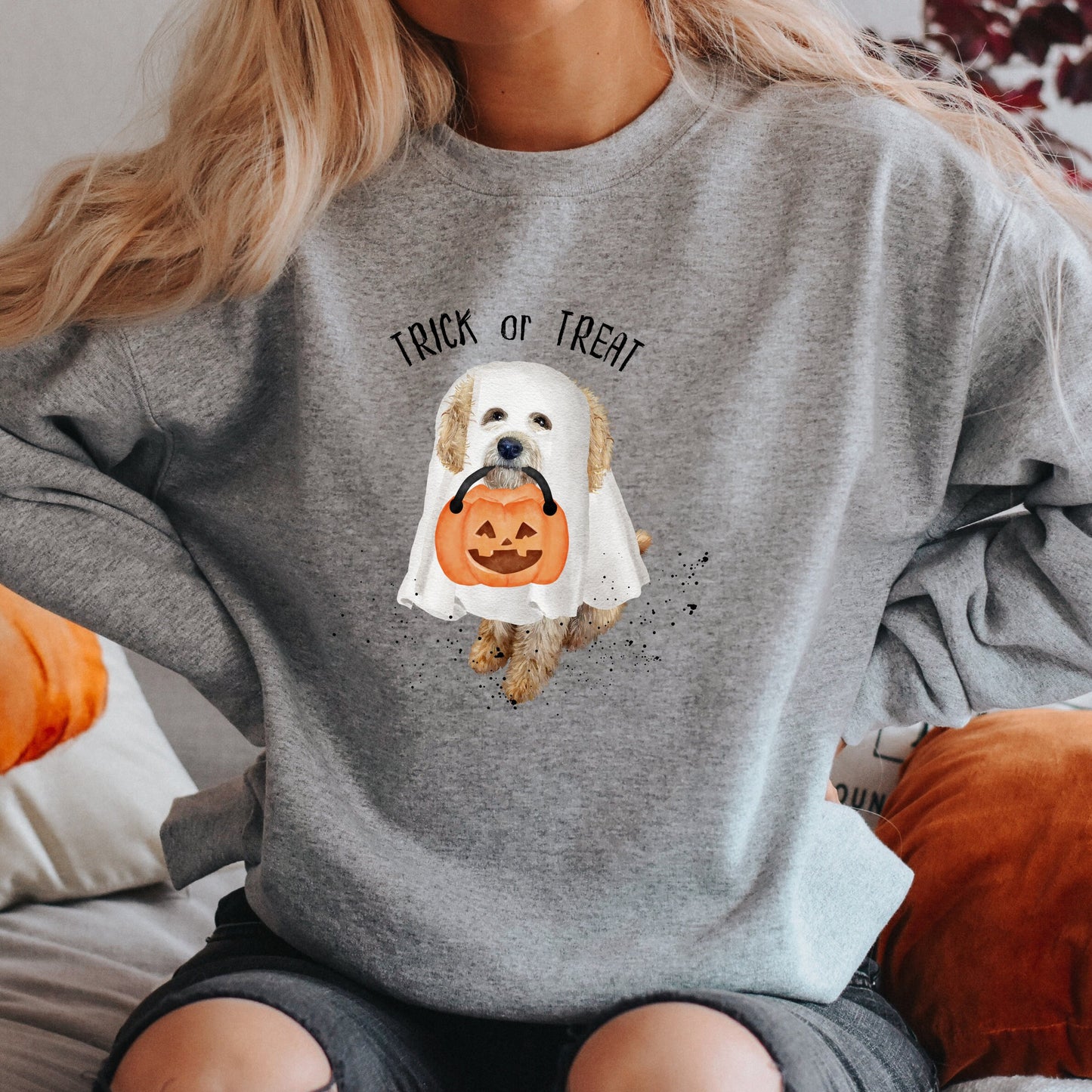 Halloween Doodle Dog Ghost Sweatshirt - Trick or Treat Doodle Sweatshirt, Doodle Mom Halloween Gift, Cavapoo Halloween, Labr