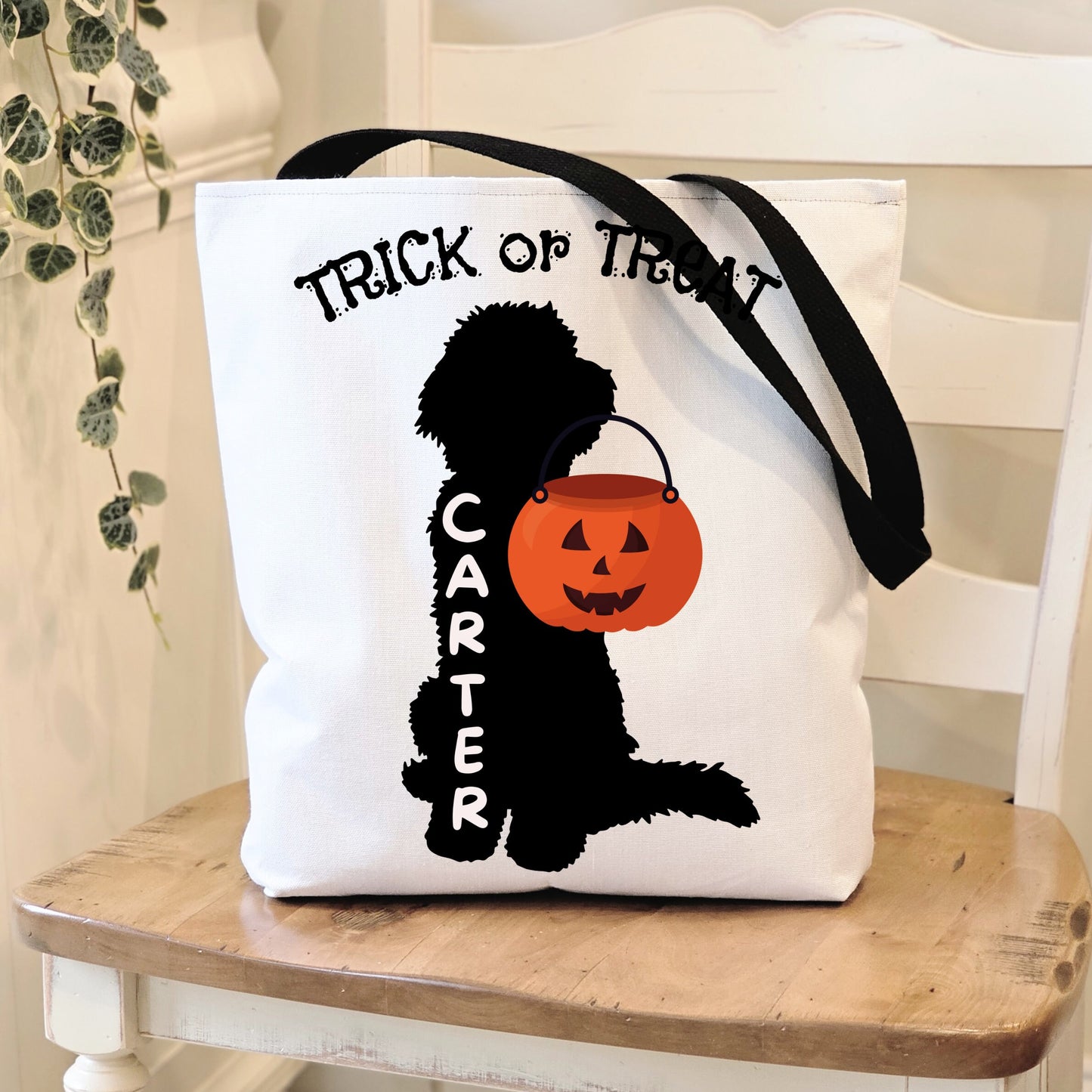 Personalized Doodle Dog Silhouette Bag - Halloween Trick or Treat Bag, Tote Bag, Labradoodle, Goldendoodle, Bernedoodle, Aussiedoo