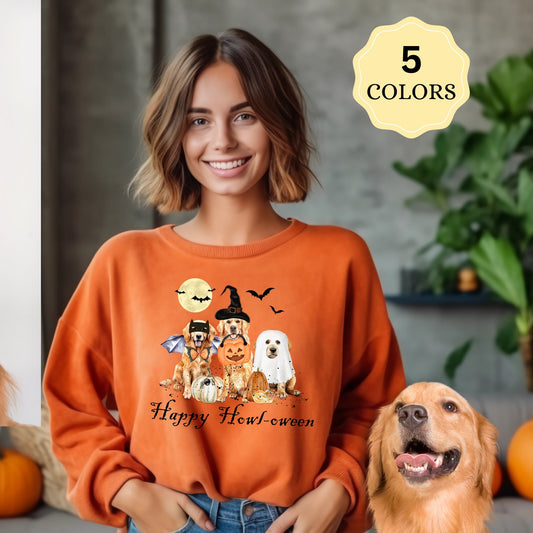 Golden Retriever Dog Halloween Sweatshirt - Fun Retriever Mom Halloween Shirt, Spooky Golden Retriever in Ghost, Witch and Bat Cos