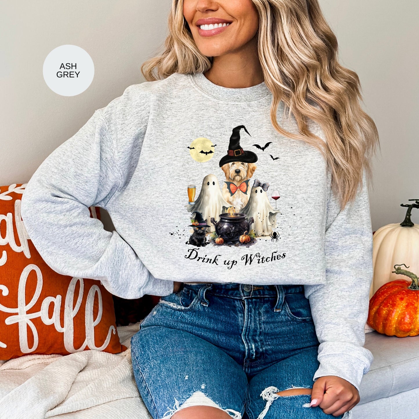 Halloween Doodle Dog Witch  and Ghost Sweatshirt - Drink Up Witches, Funny Mom Halloween Gift, Goldendoodle, Labradoodle, Etc.