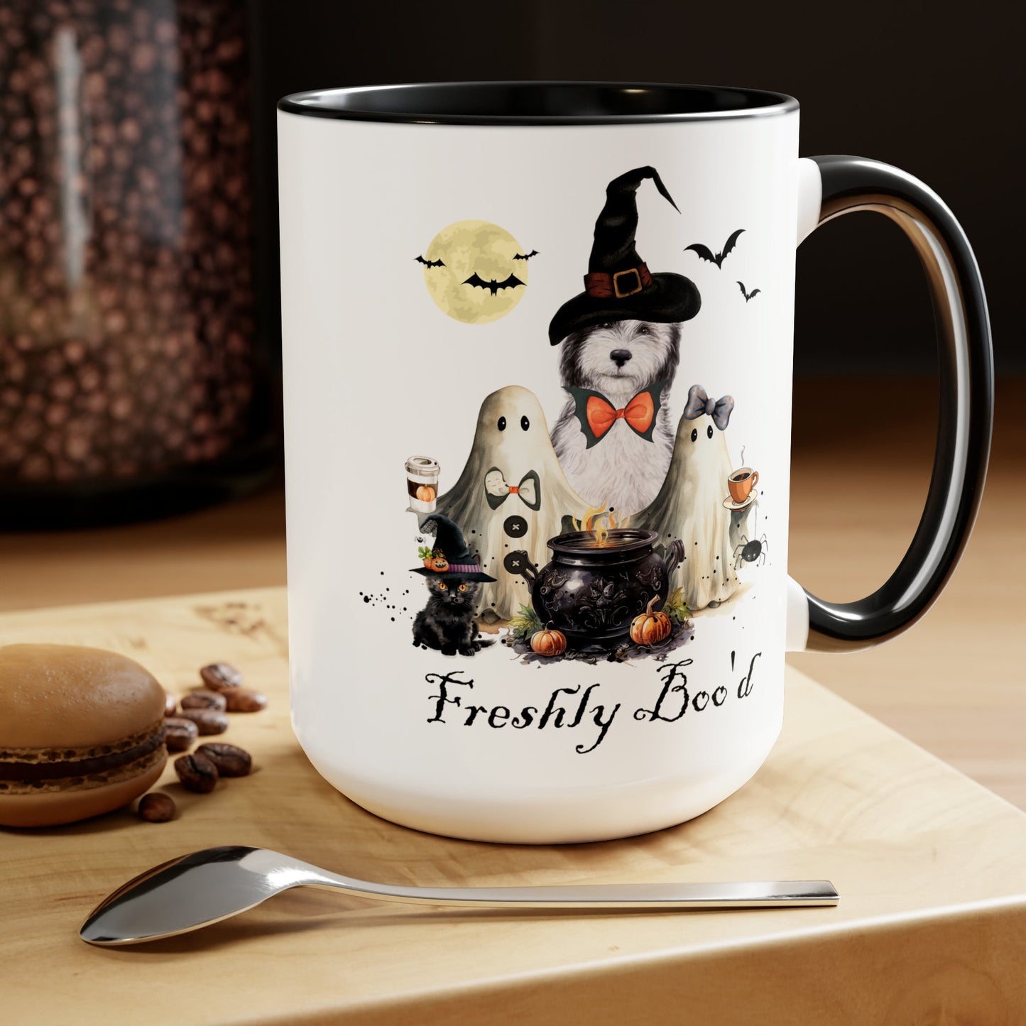 Sheepadoodle Dog Freshly Boo'd Halloween Mug - Goldendoodle, Labradoodle, Cockapoo Large 15 Oz Mug, Funny Halloween Gift for Doodl