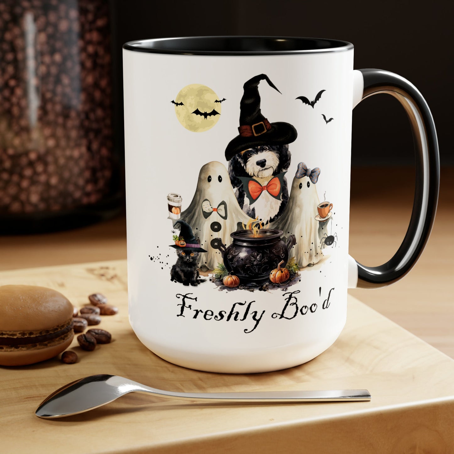 Bernedoodle Dog Freshly Boo'd Halloween Mug - Spooky Ghosts and Doodle, Large 15 Oz Mug, Funny Halloween Gift for Doodle Mom