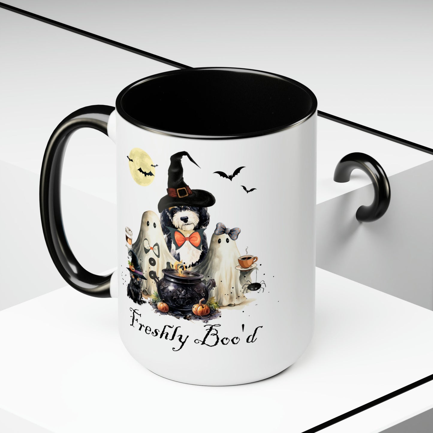 Bernedoodle Dog Freshly Boo'd Halloween Mug - Spooky Ghosts and Doodle, Large 15 Oz Mug, Funny Halloween Gift for Doodle Mom